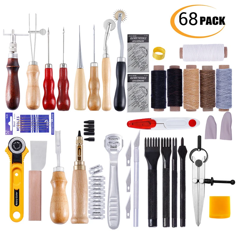

68 шт кожаный ящик для инструментов DIY Кожа Резак край пазовальный станок шило для создания небольших отверстий кожи Ножи с вощеная нить инст...