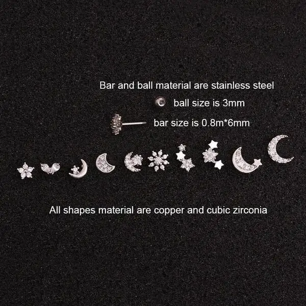 Серьги-гвоздики женские с фианитами маленькие украшения для ушей Луной и