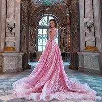stunning pink appliques beads evening gown prom removable train backless robe de soiree vestidos de fiesta noche custom made