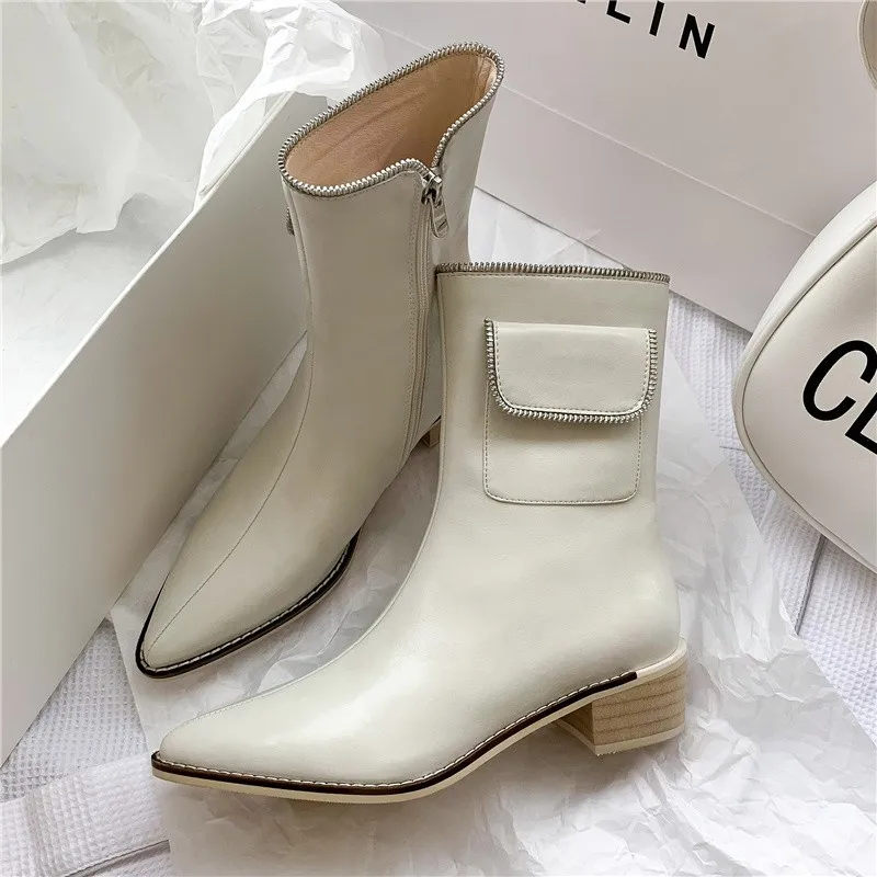 

Prowow New Arrival Leather Ankle Boot With Pocket Fashion Pointed Toe Ladies Shoes Chunky Low Heels Side Zipper Short Boots