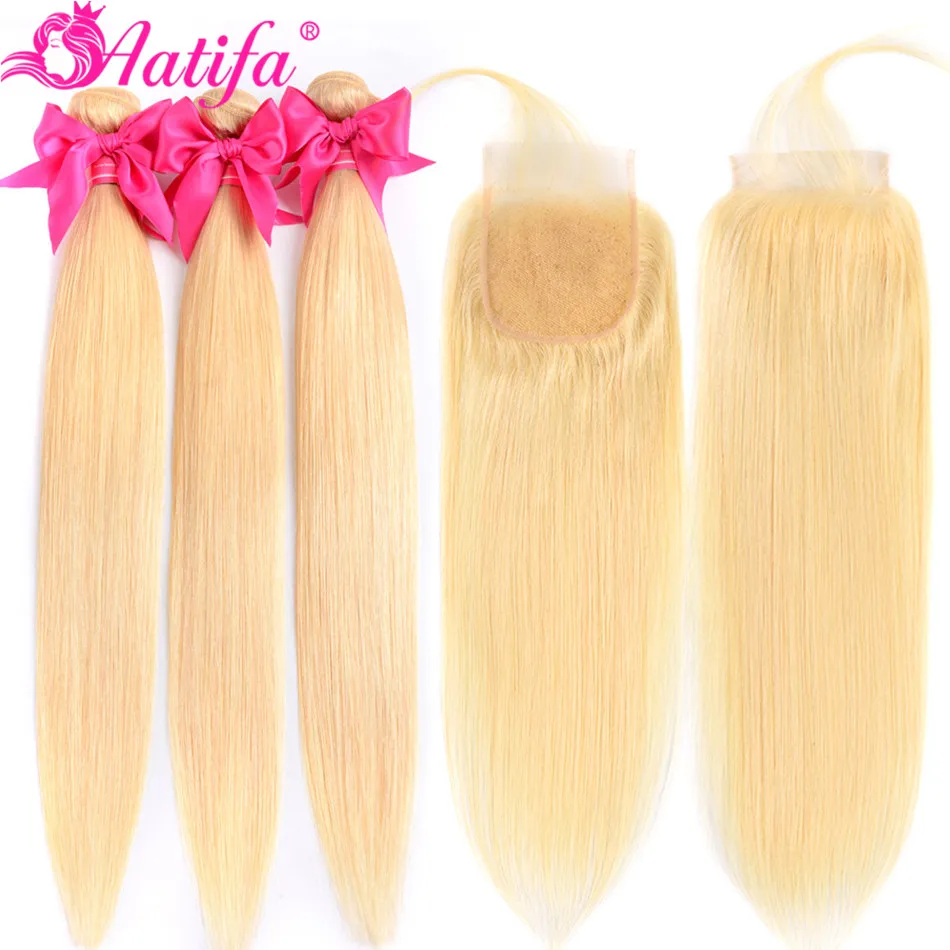 Remy 613 блонд пучки с закрытием бразильские прямые волос 100% человеческие волосы 3