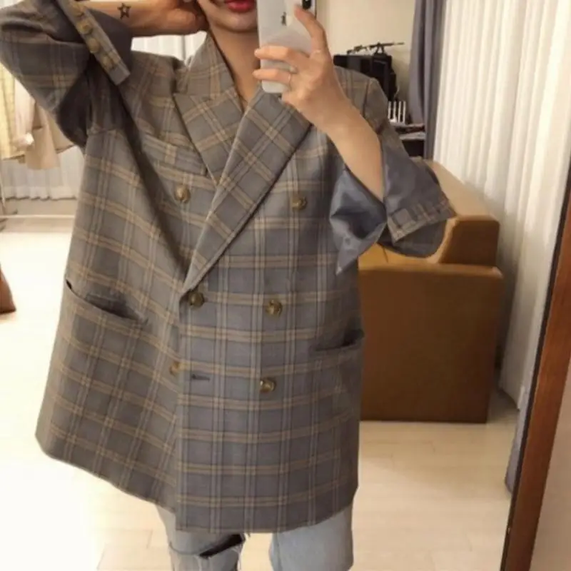 Женский клетчатый Блейзер свободный пиджак средней длины в стиле ретро