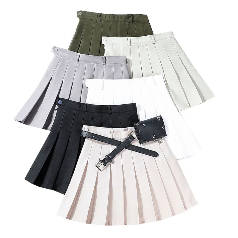 

Однотонная плиссированная мини-юбка с поясом и карманами, женские юбки, трапециевидная мини-юбка с высокой талией, модные повседневные женс...