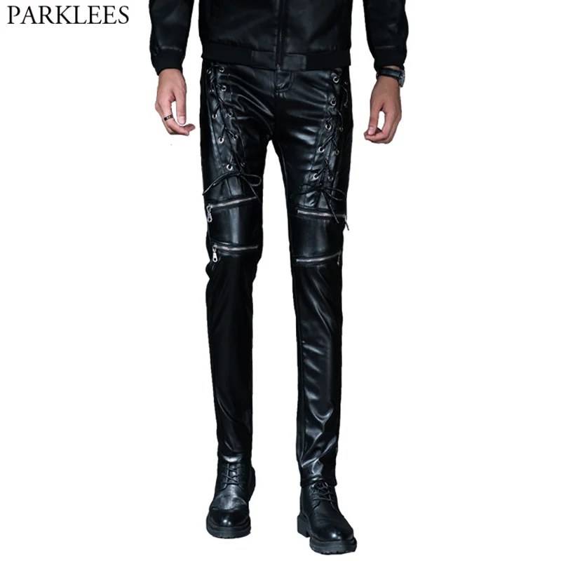 

Motorcycle PU Leather Pants Men Skinny Lace Up Punk Rock Singer Costume Pants Hip Hop Nightclub Steampunk PU Leather Trousers