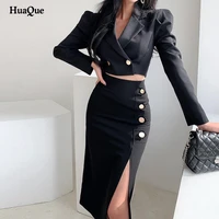 formal suit two piece female dress 2021 autumn and winter office suit short coat slit skirt sexy dress two piece black dress
