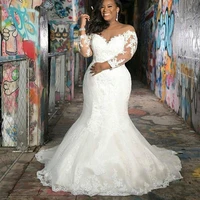 elegant african long sleeves lace plus size mermaid custom made wedding dresses scoop neck tulle applique