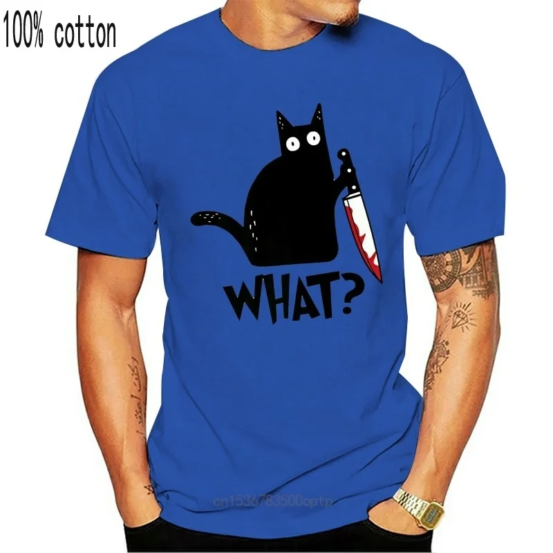 

New Cat What T Shirt Murderous Cat With Knife Funny Halloween 100% Cotton T Shirt Gift High Quality T-Shirts Halloween Present