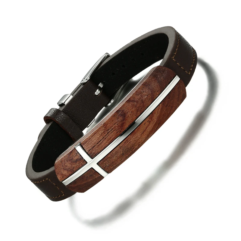Men Bracelets Scented Rosewood Tag Genuine Leather Bracelet in Brown Adjustable Stainless Steel Belt Buckle Wristband Jewelry