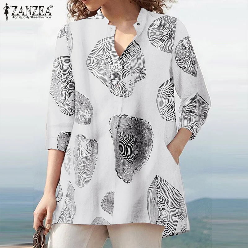 

ZANZEA Women Summer 3/4 Sleeve Printed Blouse Vintage Tunic Tops Casual Loose Floral Blusas Cotton Chemise Elegant Shirt Femme