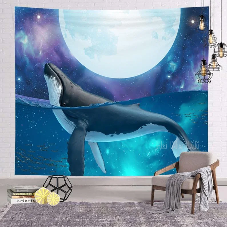 

Deep Sea Blue Whale Tapestry Black And White Bedroom Living Room Dorm Wall Decoration