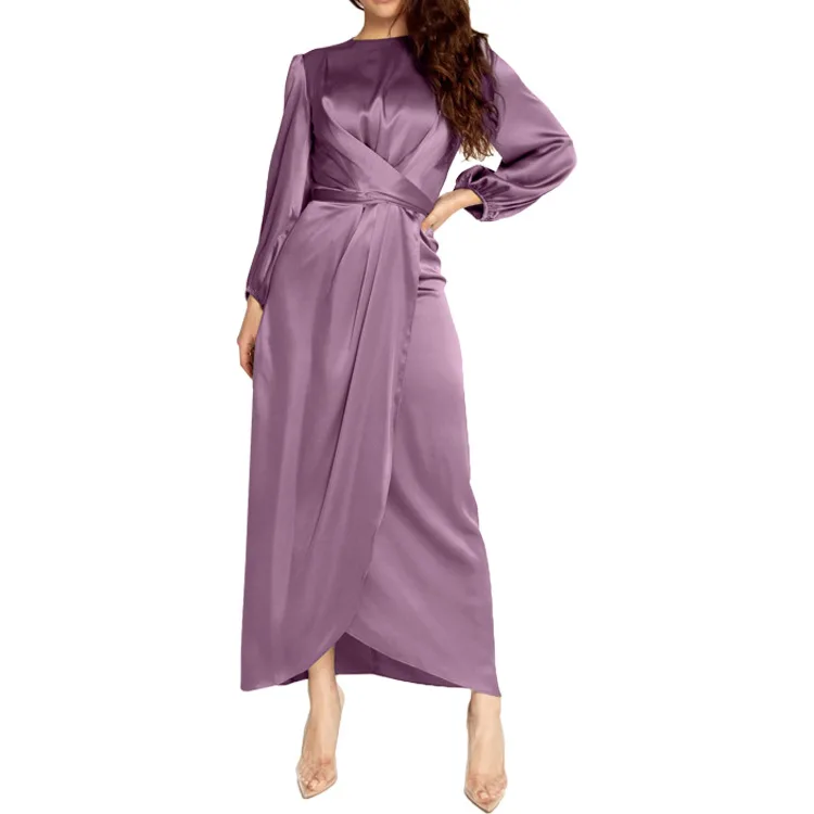 

Women Arab Muslim Satin Puff Long Sleeve Maxi Dress Solid Color Wrap Front Self-Tie Abaya Dubai Turkey Hijab Robe Kaftan 2021