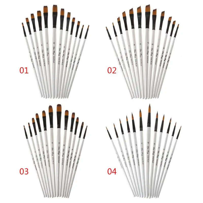 

12Pcs Artist Paint Brush Set Nylon Bristles Watercolor Acrylic Oil Painting Slant Flat Round Pointed Pen Tip Wood Handle Art