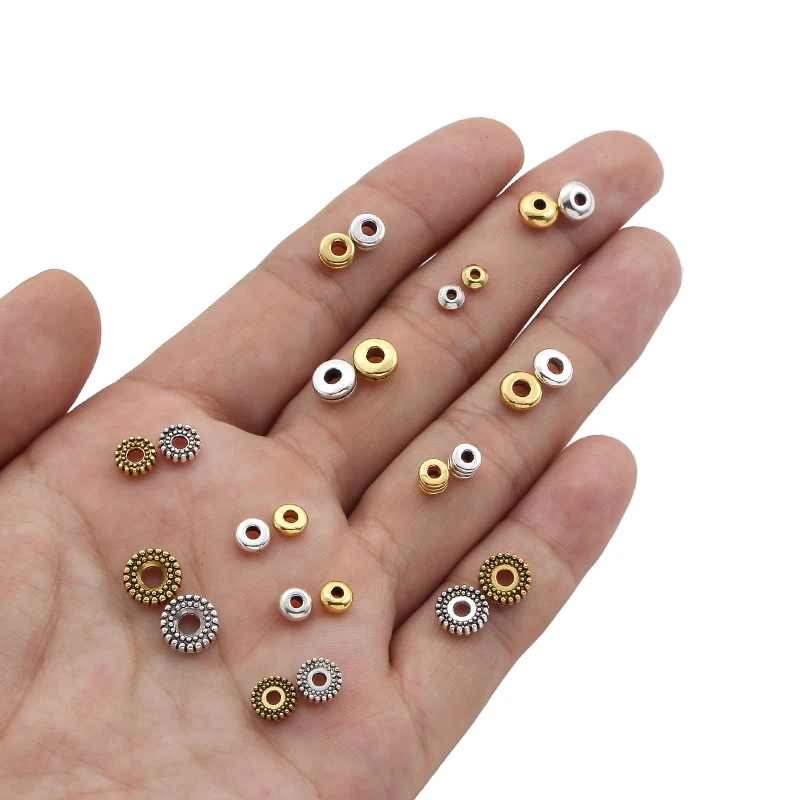 

100pcs Mixed Style Silver/Gold Color Charms Spacer Beads DIY Bracelet Round Loose Beads For Jewelry Making Finding Accessories