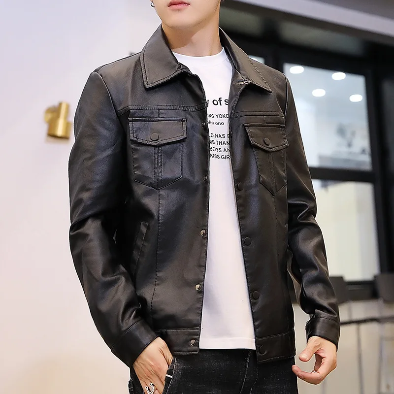 

Мужская мотоциклетная кожаная куртка, однотонная Повседневная куртка с лацканами и двумя нагрудными карманами, осень 2021