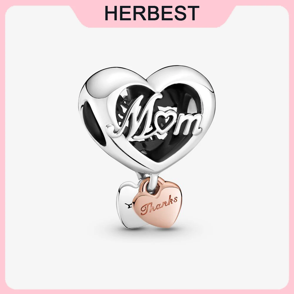 

2021 New 925 Sterling Silver Beads Thank You Mum Heart Charm Fit Original Pandora Bracelet Women DIY Jewelry Gift
