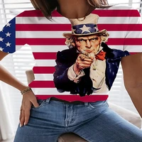 2022 summer fashion new ladies sexy 3d t shirt painted american flag stars and stripes printed round neck top