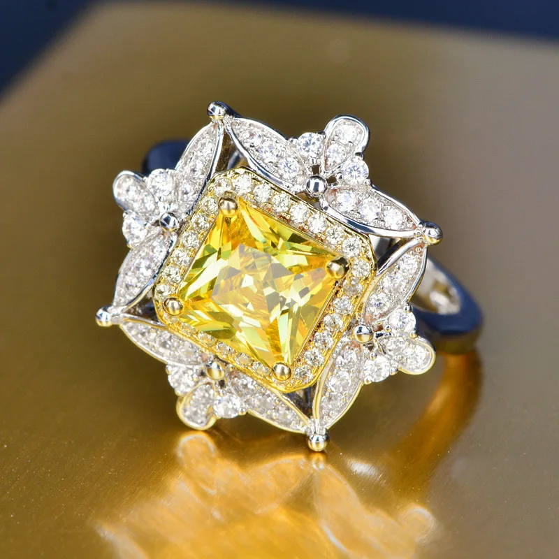 

Dubai Luxury Yellow Big Crystal Princess Square Ring for Women Gold Filled Wedding Engagement Cut Micro Paved Shinning RingR-162