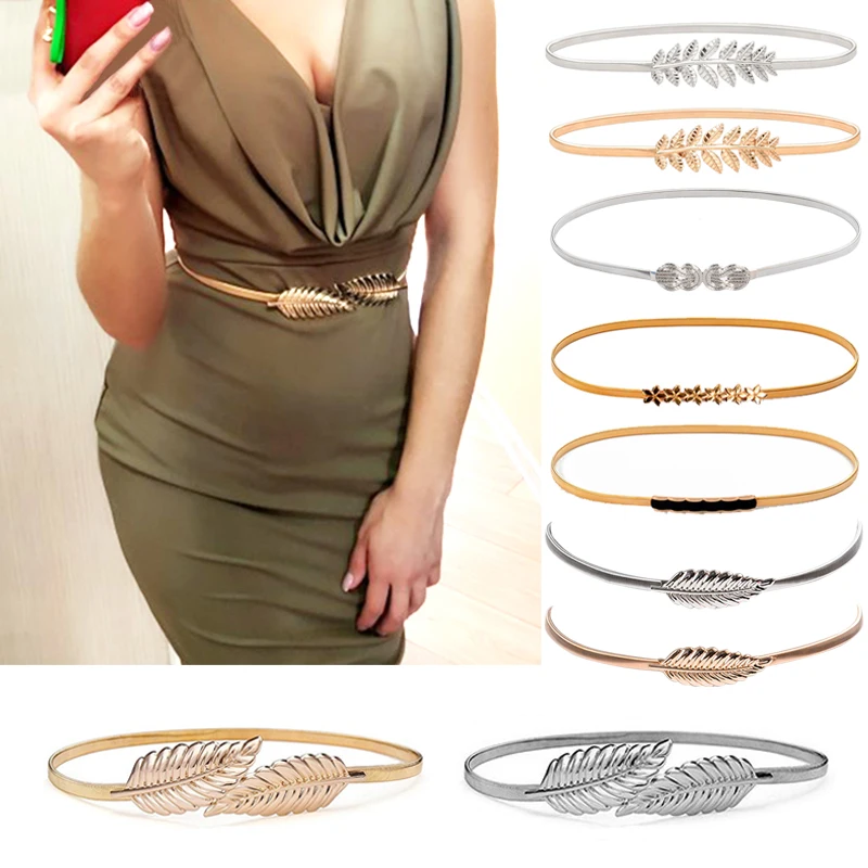 

Ремень женский эластичный, тонкий металлический пояс в форме цветка, листка, Свадебный дизайнерский пояс