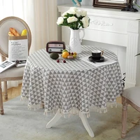 grey round tablecloth plaid cotton and linen table decoration towel tassel style pastoral coffee table coffee tablecloth 150cm