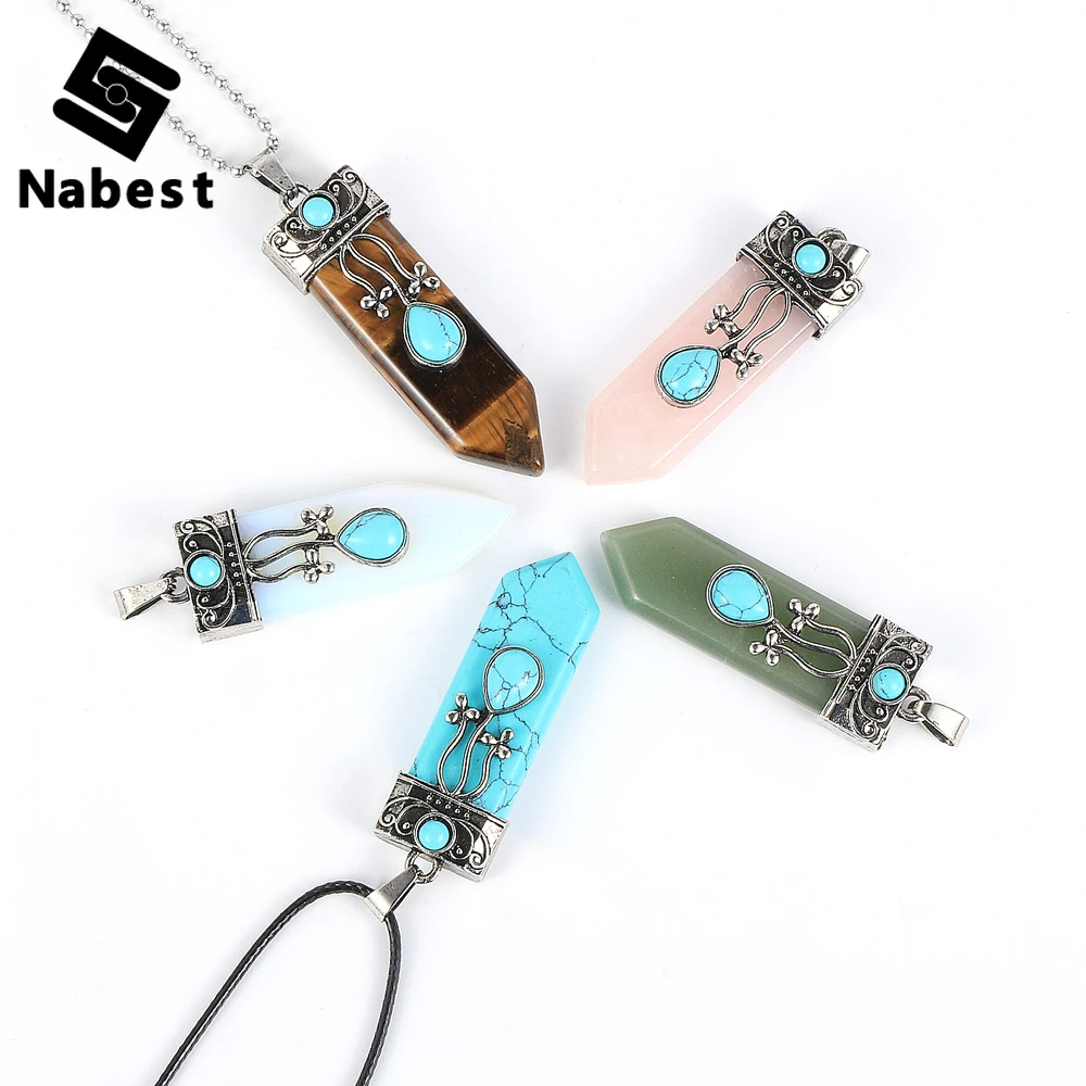

Women Men Natural Stone Tiger Eye Pendant Necklace Turquoises Opal Green Tanglin Hexagon Bullet Waxed Yoga Healing Reik Jewelry