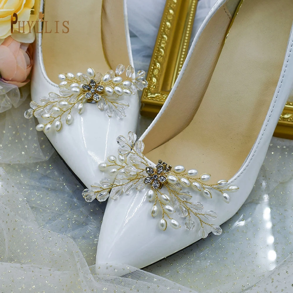 

G23 2 PCS Clear Crystal Wedding Shoe Clips Pearl Shoe Buckles Clips Bridal Wedding Party Shoes Accessories Ladies Shoes Buckle