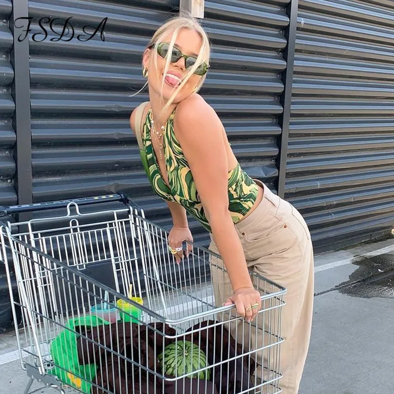 

FSDA Summer Y2K Print Sleeveless Crop Top Women 2021 Halter Neck Bandage Green V Neck Sexy Orange Party Blue Tank Tops Fashion
