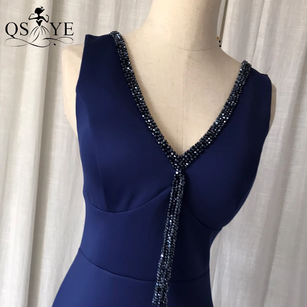 

Navy Prom Dresses Stretch Mermaid Evening Dress Beading Crystals Long Formal Party Gown V Neck Blue Prom Gown Sleeveless