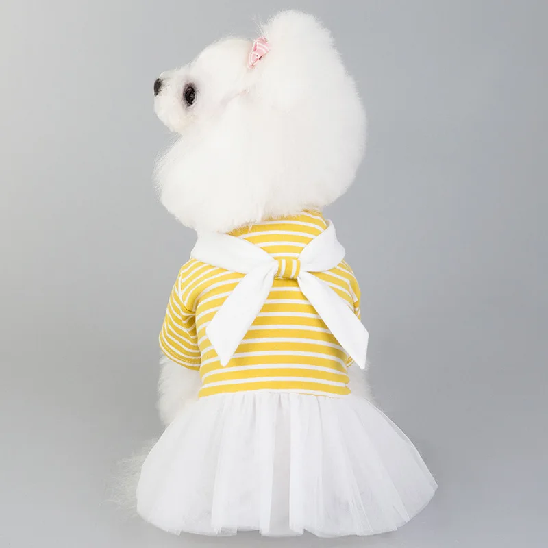 

New Spring and Summer Girl Pet Dog Dresses for Small Dogs White Bow Tie Gauze Skirt Bichon Teddy Striped Dog Costume