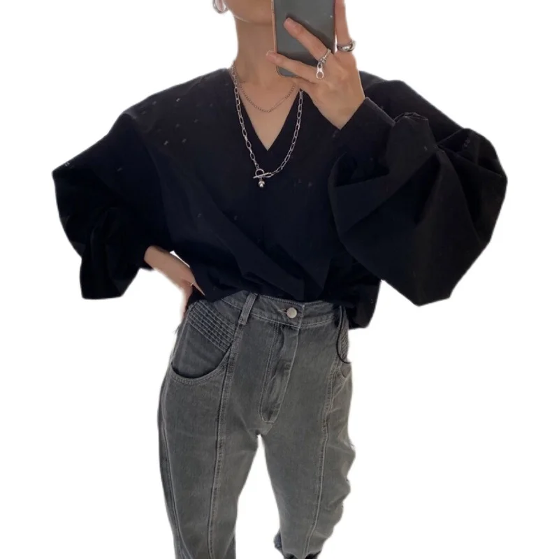 

SuperAen 2021 New Solid All Match V-neck Lantern Sleeve Shirt Womens Tops