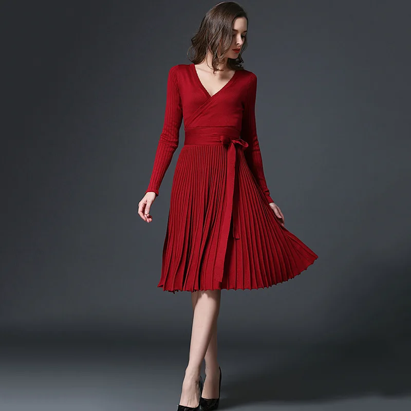 Женское винно красное плиссированное платье свитер длинные вязаные платья