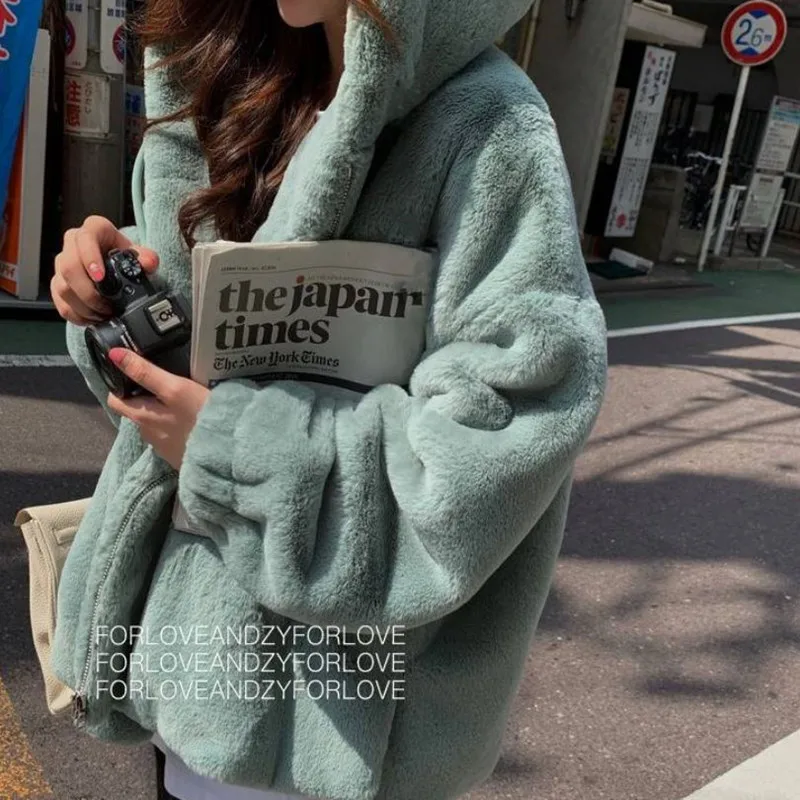 

Winter Coat Women 2020 New Solid Hooded Faux Rabbit Fur Coat Warm Thick Fashion Loose Plush Ladies Coats Plus Size Jacket Women