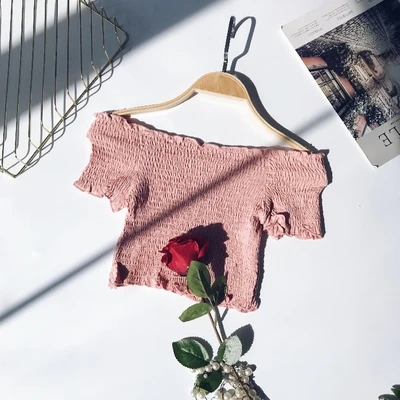 Short Tops Элегантная женская мини-рубашка с вырезом лодочкой, повседневная, милая, женская, короткий рукав, эластичная, высокая талия, тонкая блуза, сексуальная, короткий топ - Цвет: Short Tops