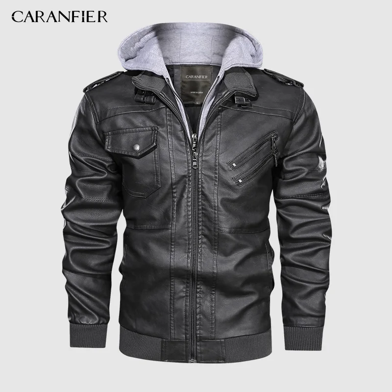Black gray Бренд CARANFEIR, винтажная кожаная куртка с капюшоном, мужская новая стильная одежда, модные байкерские кожаные куртки, Прямая поставка - Цвет: Black gray