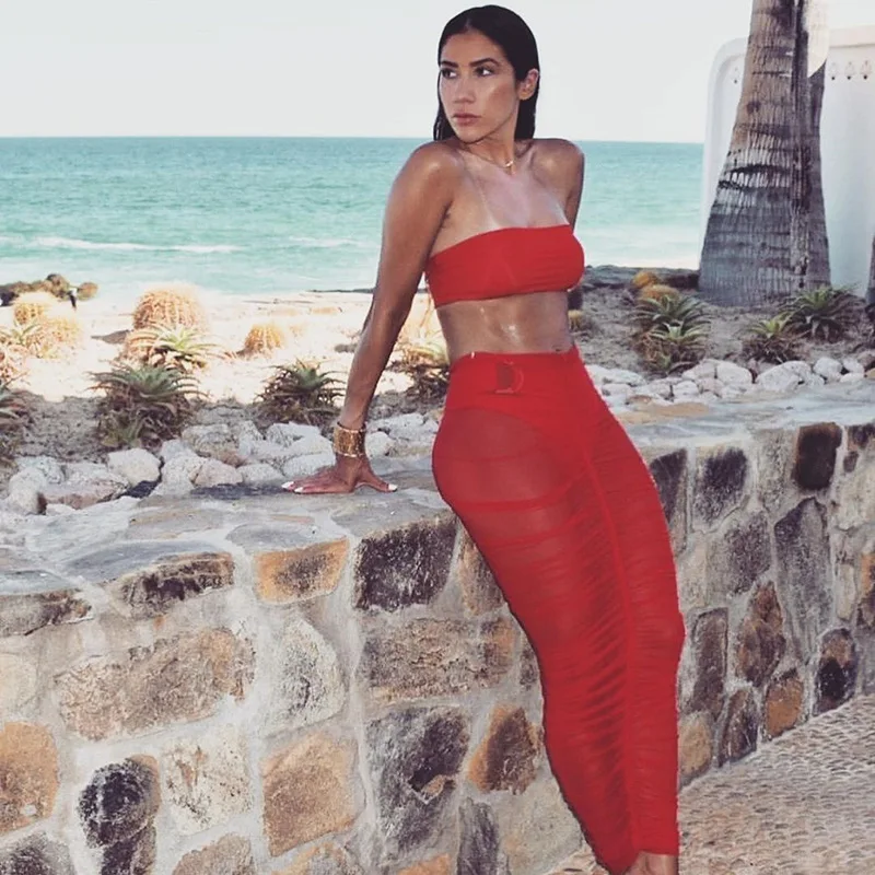 

2021 Hot Sale Solid Color Pleated Slim Sexy Pleated Mesh Skirt Female Temperament Commuter Beach Party Nightclub One-Step Skirt