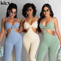 kliou casual ribbed cut out workout long jumpsuits women 2021 solid strap active wear workout slim one piece streetwear outfit
