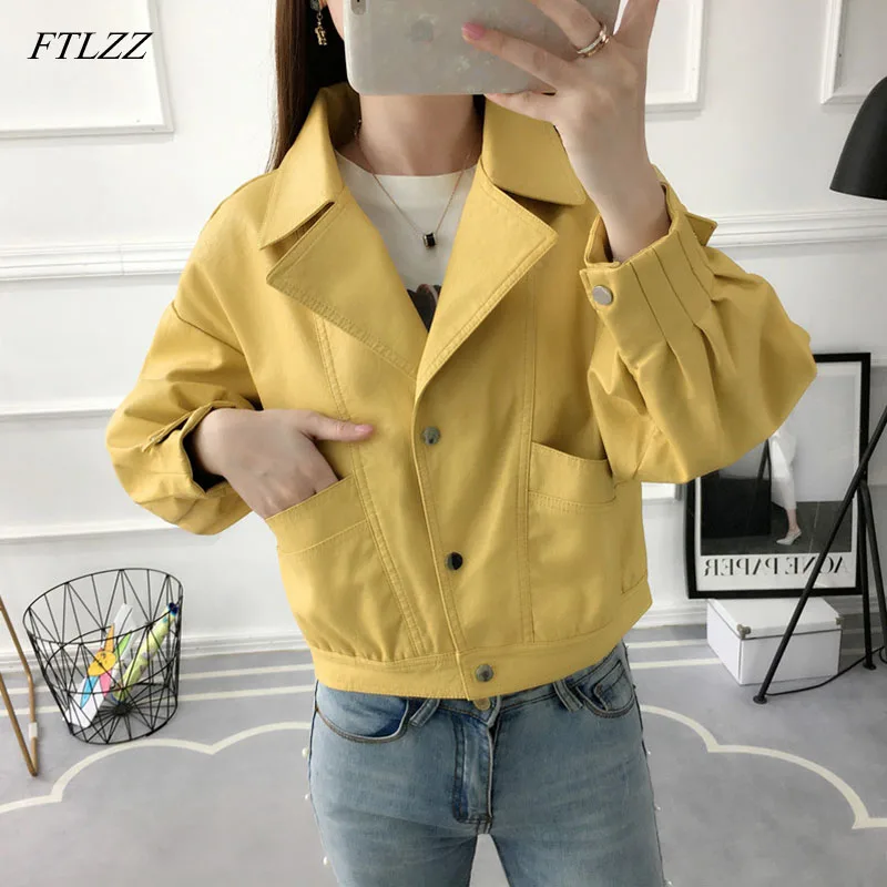 

Куртка FTLZZ женская из искусственной кожи, свободная короткая мотокуртка с длинным рукавом, на пуговицах, верхняя одежда из искусственной мя...