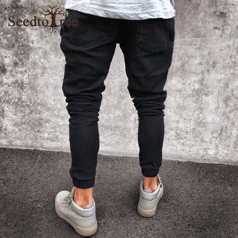Solid Color Pleated Casual Men's Jeans Ankle Length Pencil Pants Slim Denim Trousers