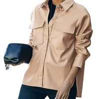 long sleeve flap pockets women jacket faux leather lapel collar solid color motorcycle jacket streetwear