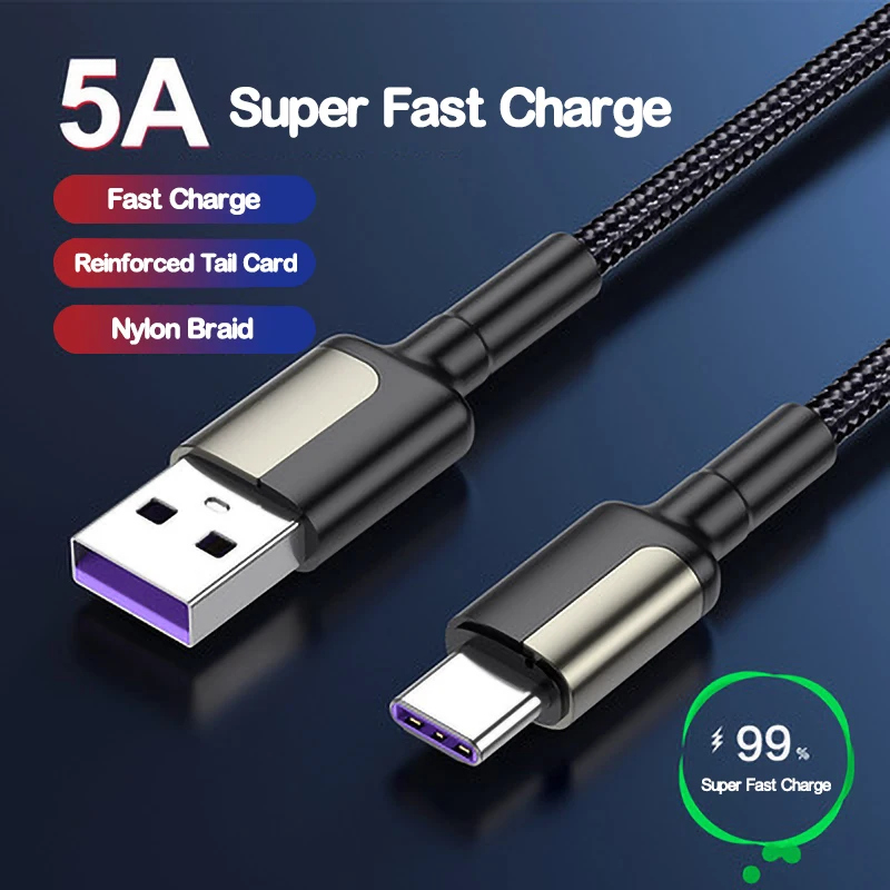 

HA41 5A USB Type C Phone Cable For Huawei P20 P30 P40 For Xiaomi 10 11 Samsung USB Nylon Braid Charger Cable Flash Charging Line