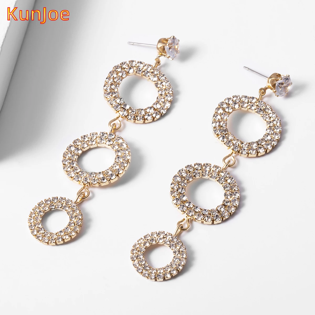 

KunJoe New Design Long Tassel Circle Dangle Earrings For Women Gold Color Crystal Hanging Drop Earrings Bridal Wedding Jewelry