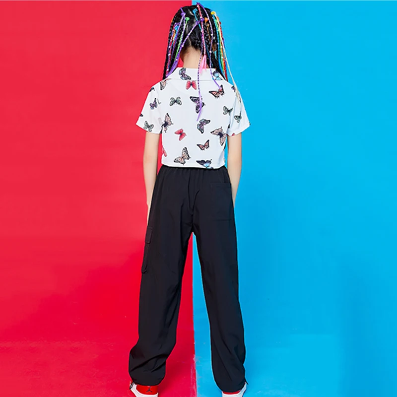 

New Children'S Jazz Dancing Clothes Hip Hop Street Dance Costumes Girls Butterfly Print Short Sleeve Shirt Stage Outfit