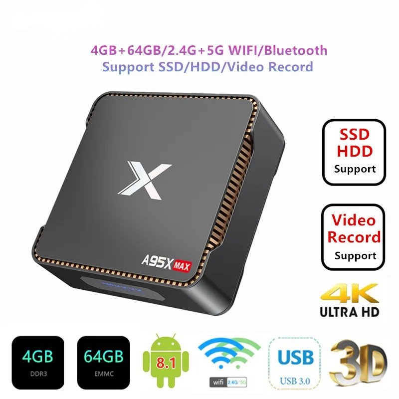 ТВ-приставка Android 8 1 2 4/5 0G Smart android tv box A95XMAX 4 Гб 64 WiFi Bluetooth SSD HDD 1000 м видеозапись