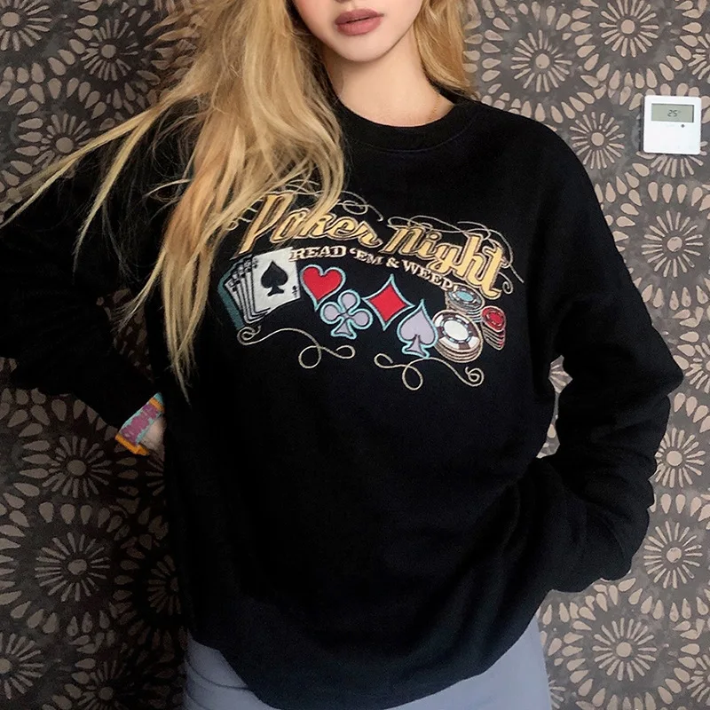 

Fashion Female Vintage Embroidery Full Sleeve Pullovers Women Casual Letter Poker Graphic Sweatshirts Oversize Y2k Fall Tops
