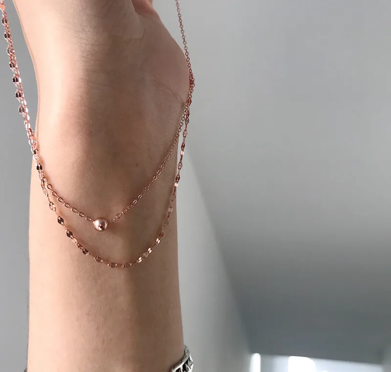 925 Стерлинговое серебро розовое золото Двухслойное bean bead короткое ожерелье с