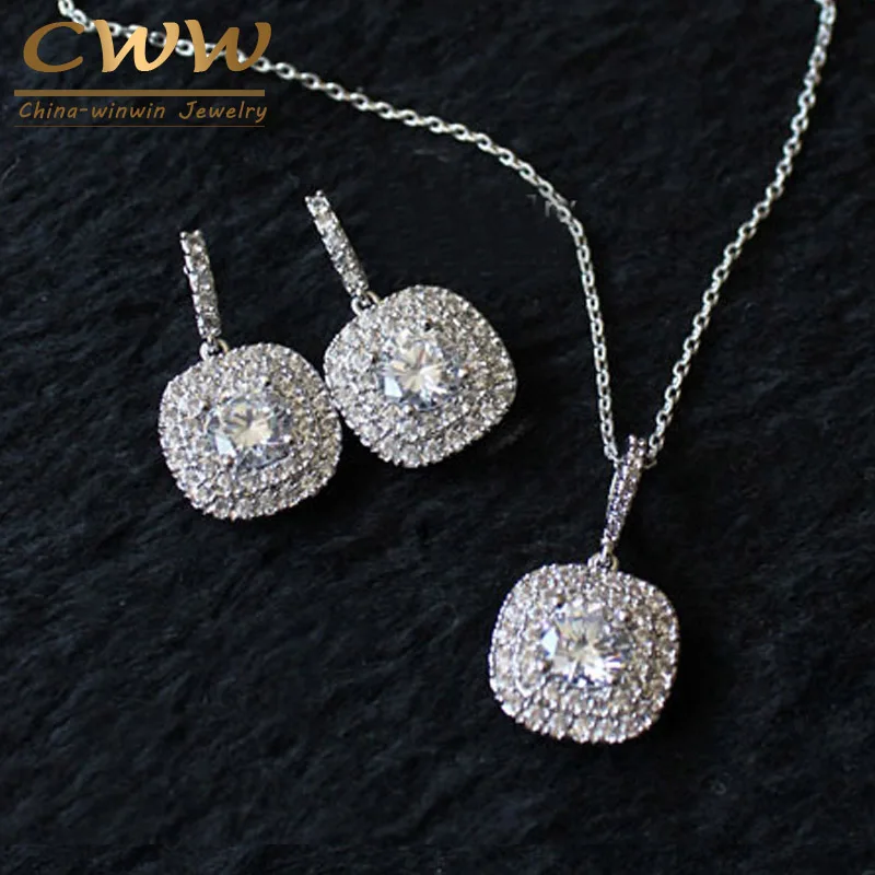 CWWZircons Новая мода микро установка CZ ювелирные изделия класса люкс AAA+ кубический цирконий ожерелье кулон и серьги набор для женщин T060