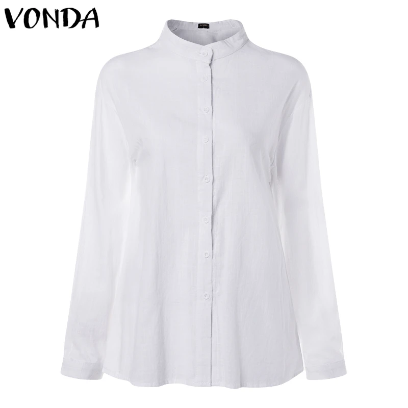 White VONDA новые женские блузки летние офисные женские белые рубашки с рукавами-фонариками и пуговицами глубокий v-образный вырез белая блузка сексуальные топы размера плюс - Цвет: White