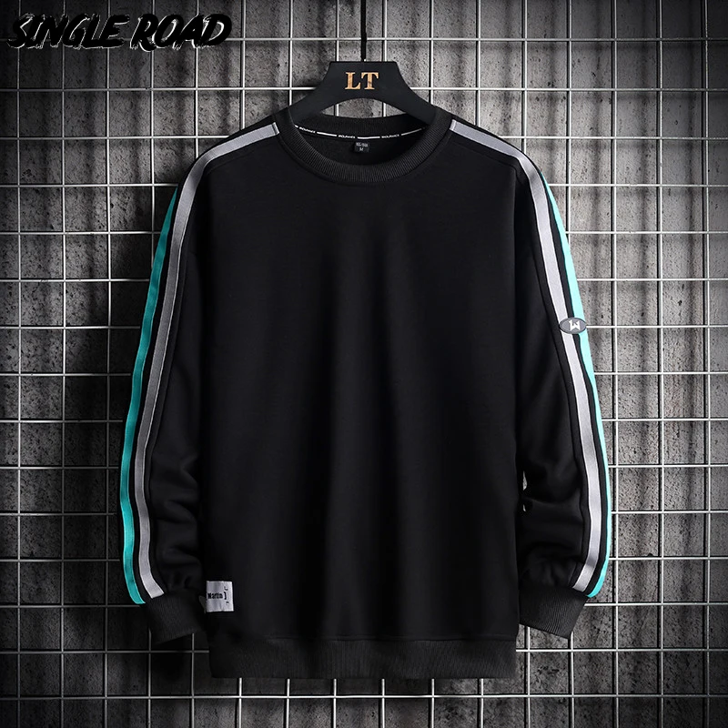 

Single Road Crewneck Sweatshirt Men 2022 Side Striped Oversized Japanese Streetwear Male Casual Black Hoodie Men Sweatshirts