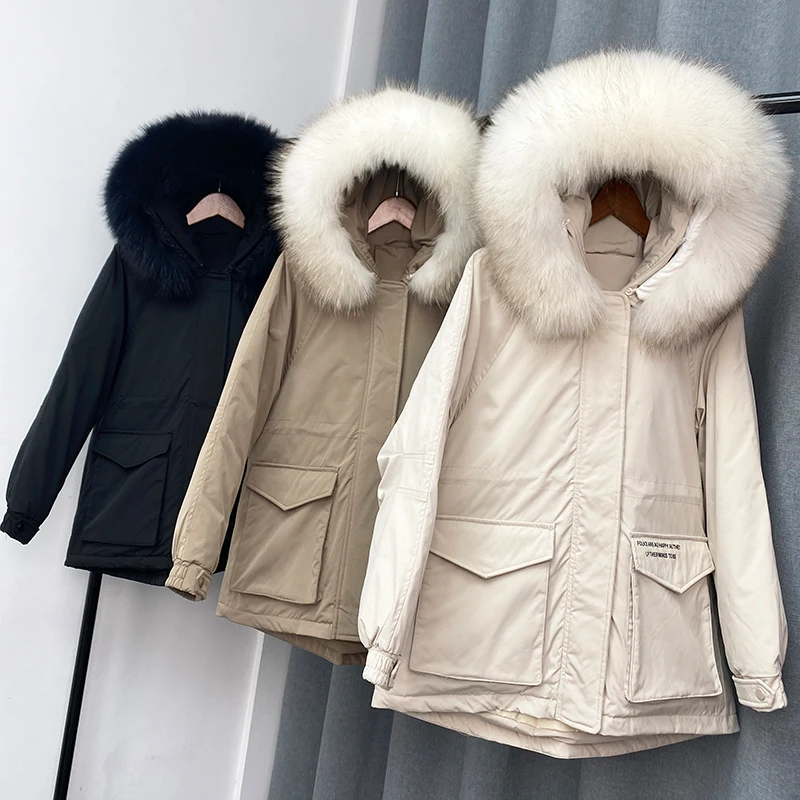 New White Parkas Winter Down Jacket Women Warm Big Real Fur Coat Female Hooded Sash Tie Up Oversize Abrigos Mujer Invierno 2020