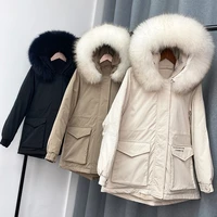 new white parkas winter down jacket women warm big real fur coat female hooded sash tie up oversize abrigos mujer invierno 2020