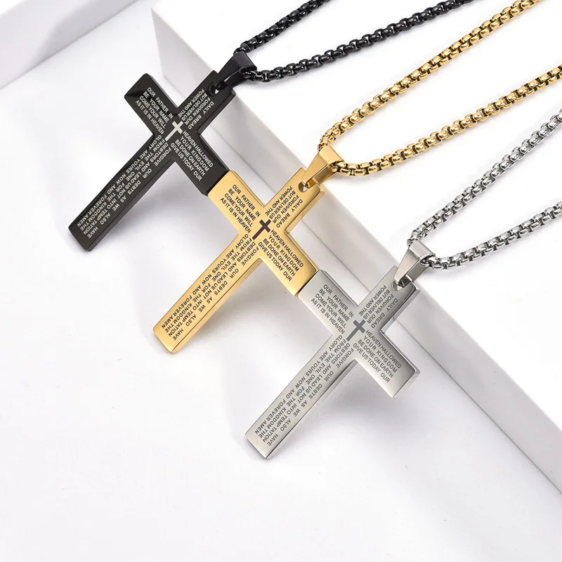 

Retro Letter Scripture Stainless Steel Pendant Religious Christian Necklace Cross Personality Men's Hip Hop Jewelry Lucky Gift